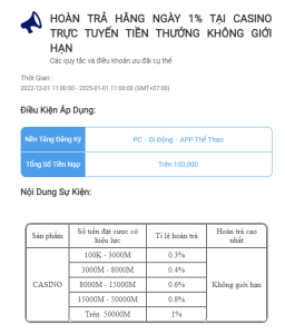 Nhận 1% hoàn trả khi tham gia cược tại sảnh Casino trực tuyến